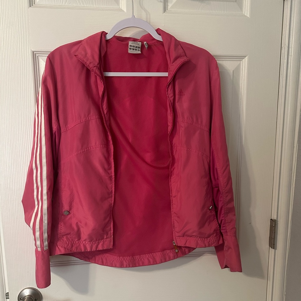 Pink white striped adidas jacket size small